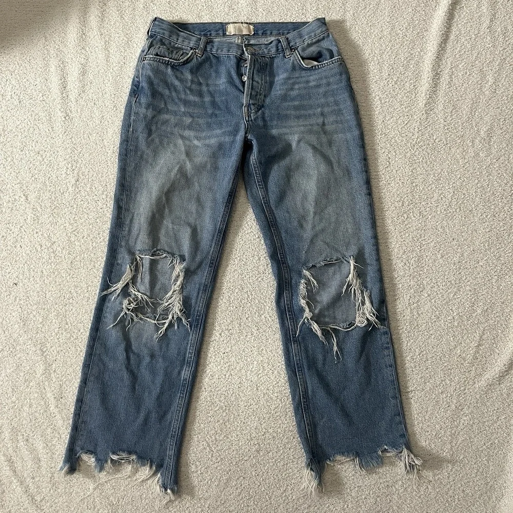 We The Free Jeans Women 28 Blue Distressed Straight Leg High Rise Button Fly Raw